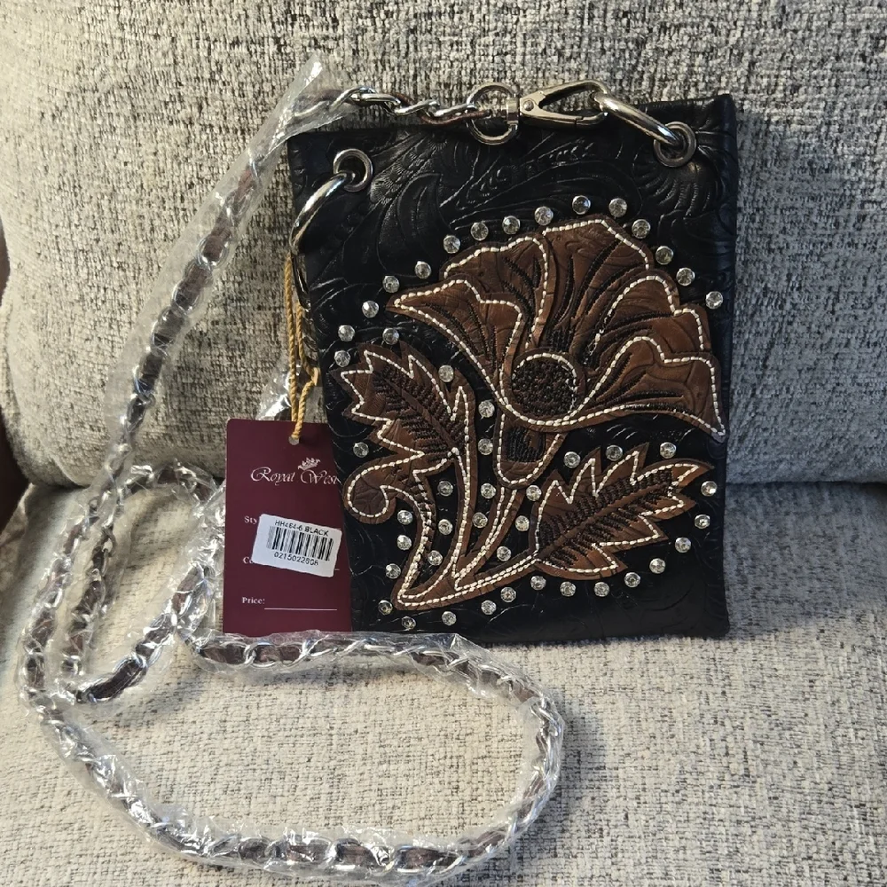 Royal West Elegant Black and Brown Floral Crossbody Bag 5.50